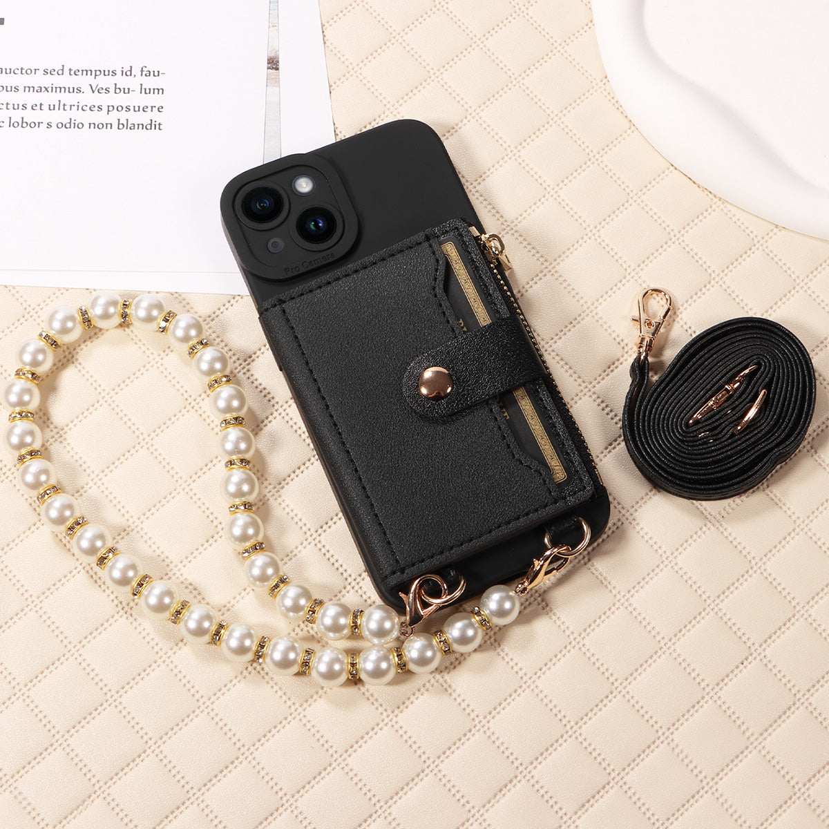 Luxury Stylish Mirror Zipper and Pearl Cord Phone Case for iPhone – Fall-Proof Faux Leather, Crossbody Purse for iPhone