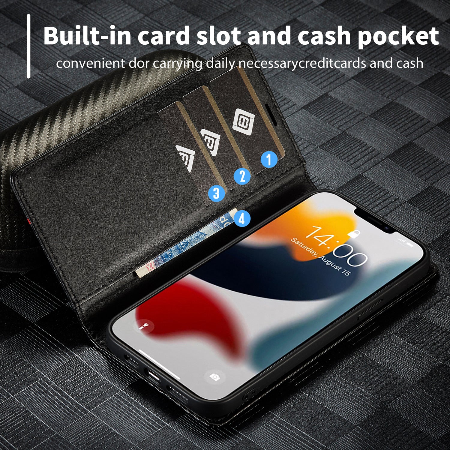 Luxury Carbon Fiber Leather Wallet iPhone Case – Magnetic Flip Cover, Card Holder, Shockproof Protection, Stylish & Durable for iPhone