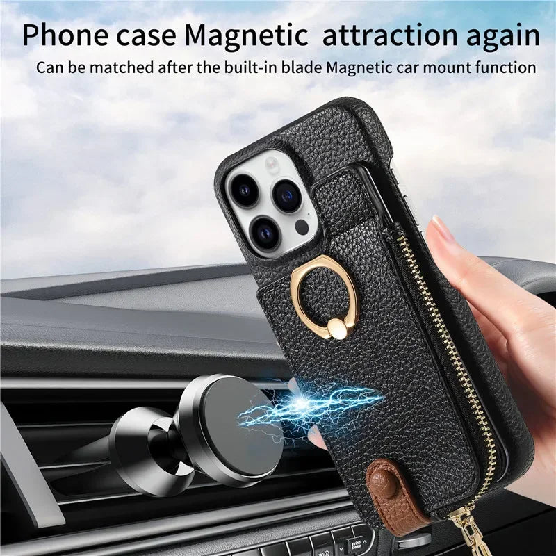 Luxury Leather Zipper Wallet Phone Case – Card Holder, Ring Kickstand, Shockproof Cover for iPhone Models