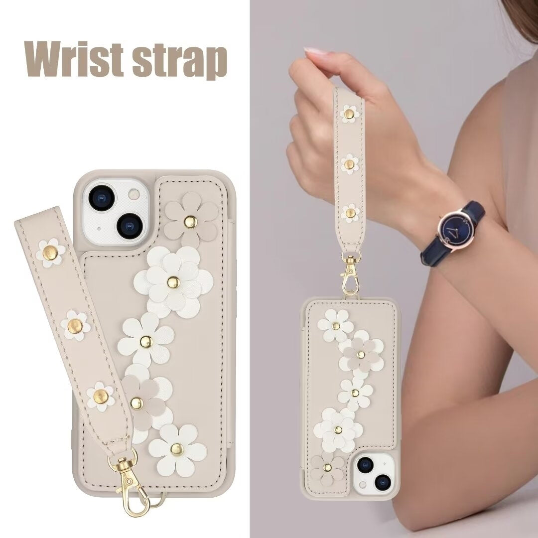 Luxury Crossbody Wallet Leather Phone Case – 3D Flower Design, Card Slot, Wrist Strap, Magnetic Closure, Protective Cover