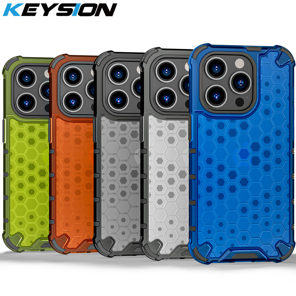 KEYSION Shockproof Armor Case – Soft Silicone + PC Transparent Honeycomb Back Cover for iPhone Models, Durable and Protective Design