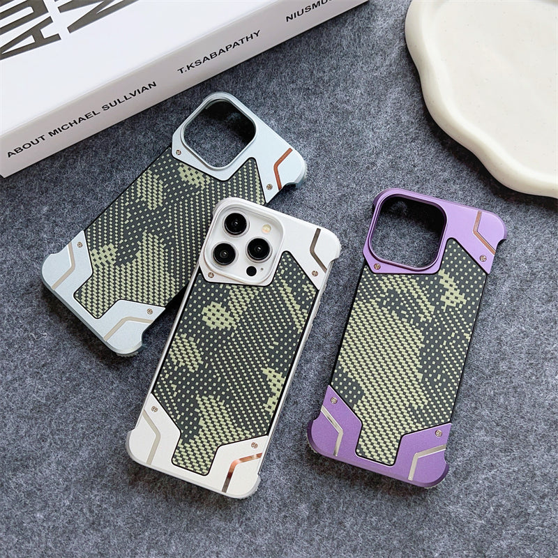 Camouflage Metal Armor Case Frameless Real Carbon Fiber Cover with Built-In Magnet for iPhone Models, Durable and  Protection