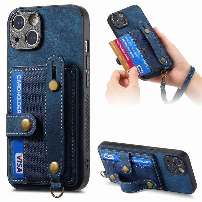 Luxury PU Leather Wallet iPhone Case with Wrist Strap – Stand Function, Card Holder, and Shockproof Protection for Secure and Stylish Convenience