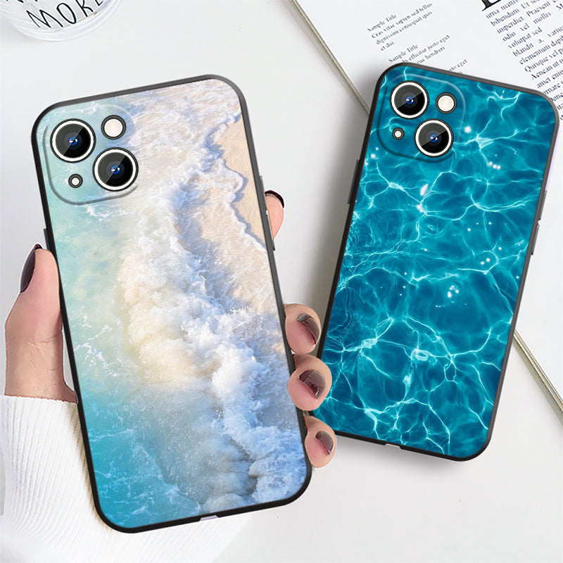 Red Blue Metal and Seawater Soft Phone Case for iPhone 15, 14, 13, 12, 11, XS, XR, X, 8, 7, SE Pro Max, Plus, Mini - Black