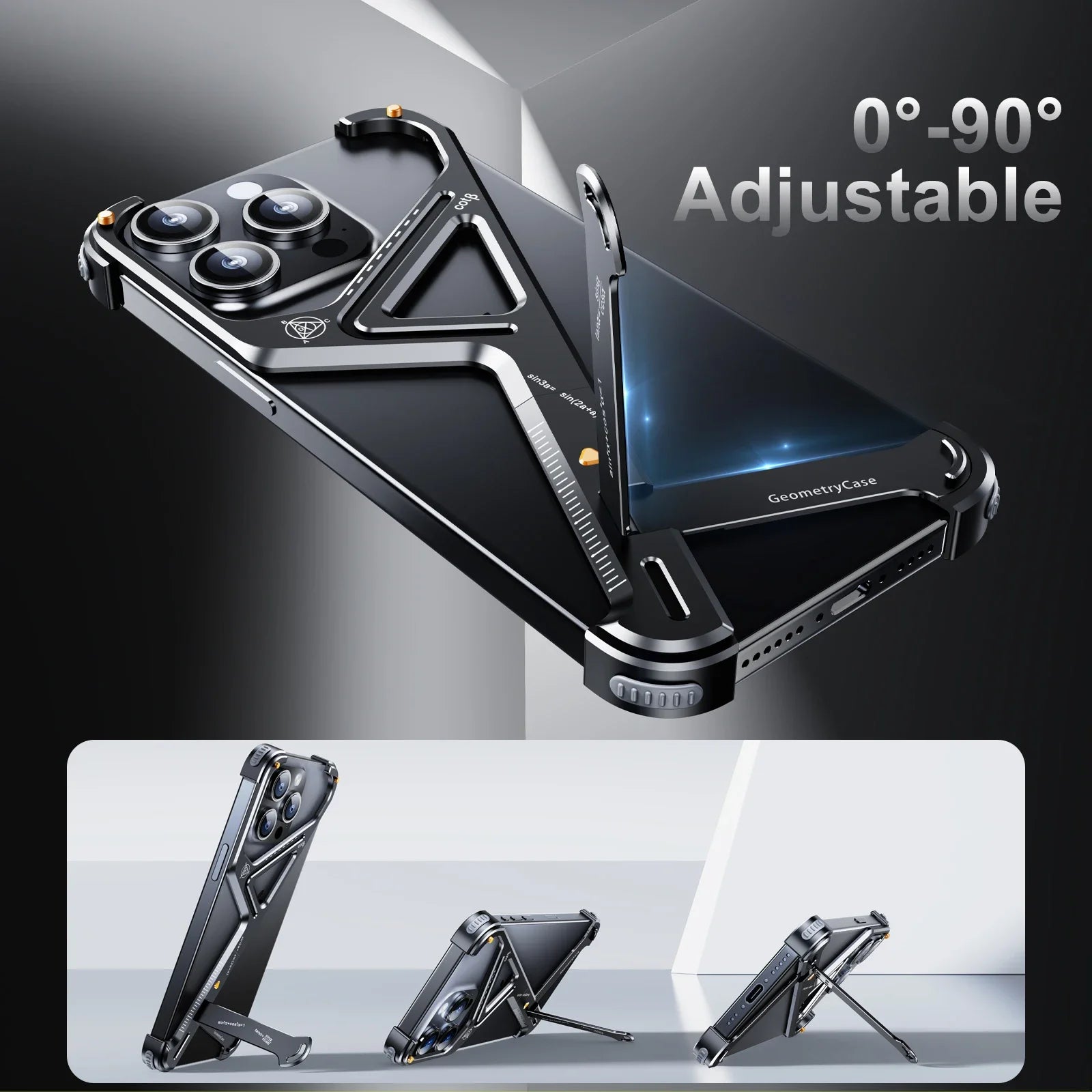 Luxury Geometric Metal Phone Case – Aluminum Alloy Shockproof Cover with Removable Stand for iPhone Models, Stylish and Durable Design