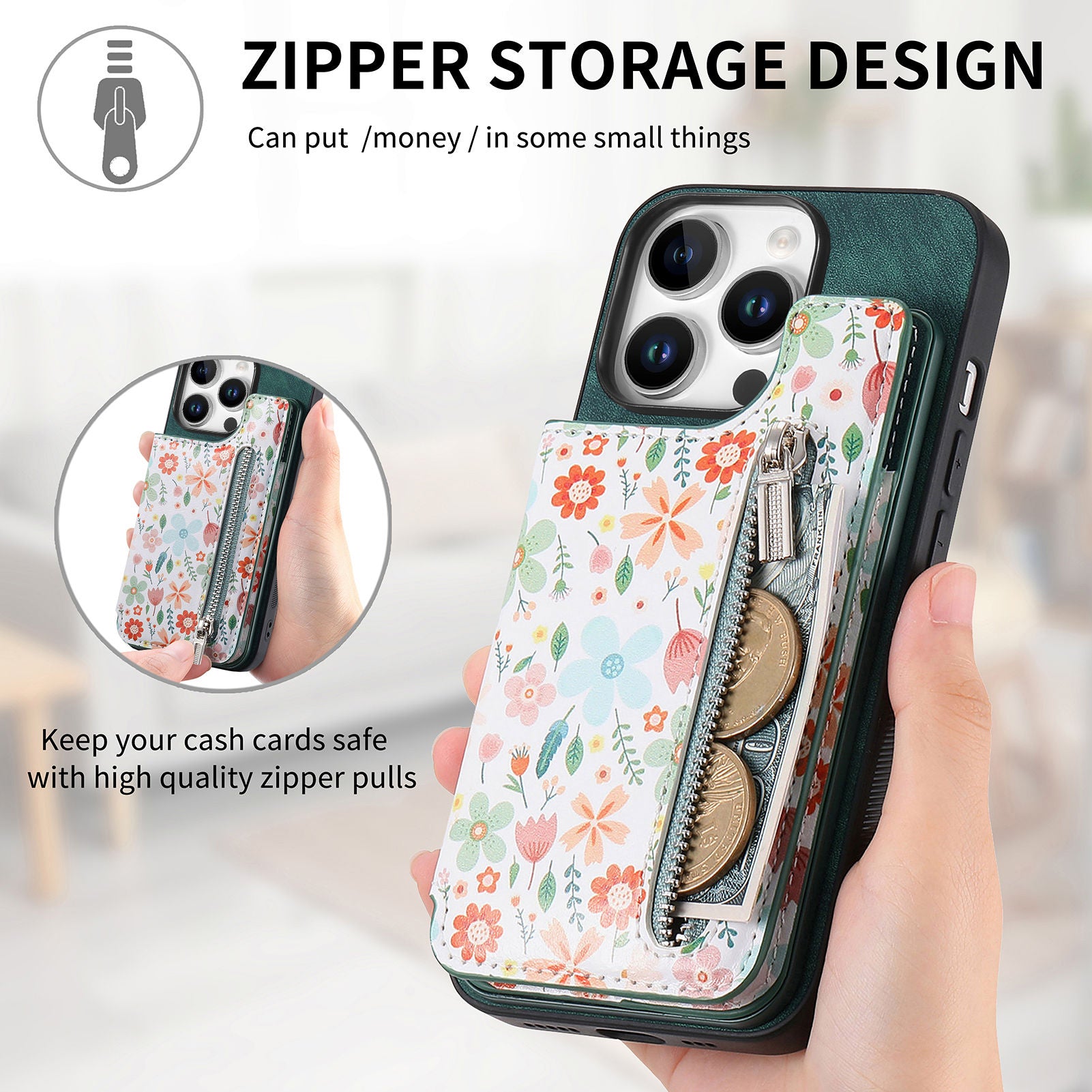 Zipper Card Slot Wallet Case – Magnetic Closure, Purse Pocket, Floral Design, Shockproof Protective Cover for iPhone