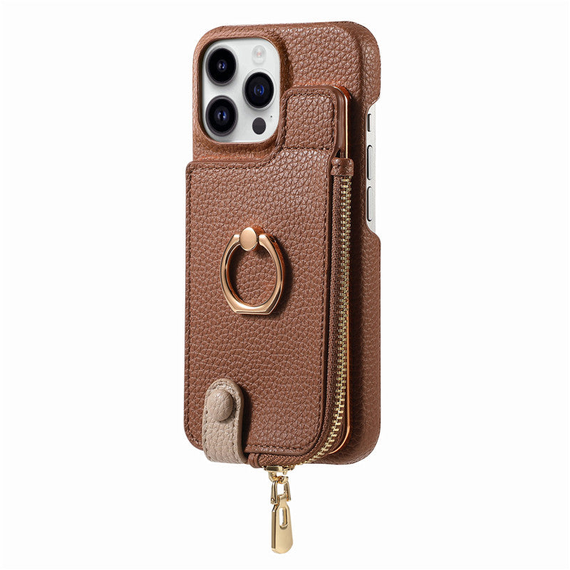 Luxury Leather Zipper Wallet Phone Case – Card Holder, Ring Kickstand, Shockproof Cover for iPhone Models