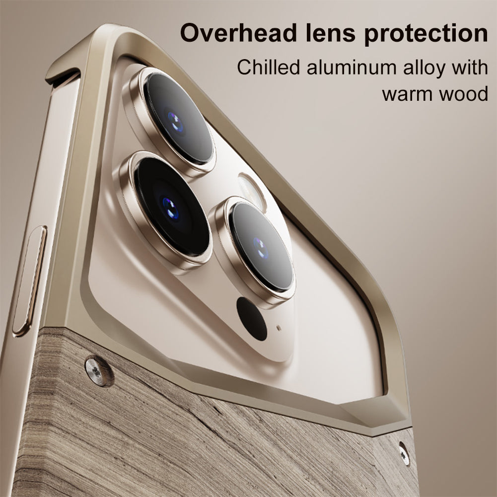 Irregular Metal Frame Phone Case – Aluminum Alloy and Solid Wood Shockproof Frameless Cover for iPhone Models, Durable and Unique Design