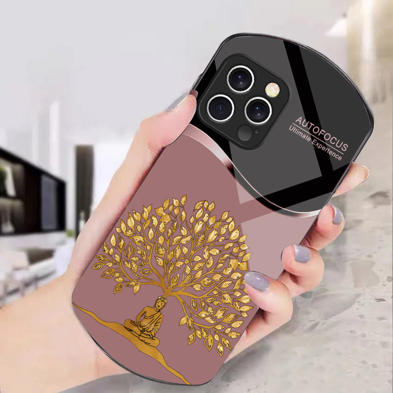 Golden Wealth Tree Phone Case – Elegant Tempered Glass for iPhone Models, Durable Protection, Stylish Elliptical Design