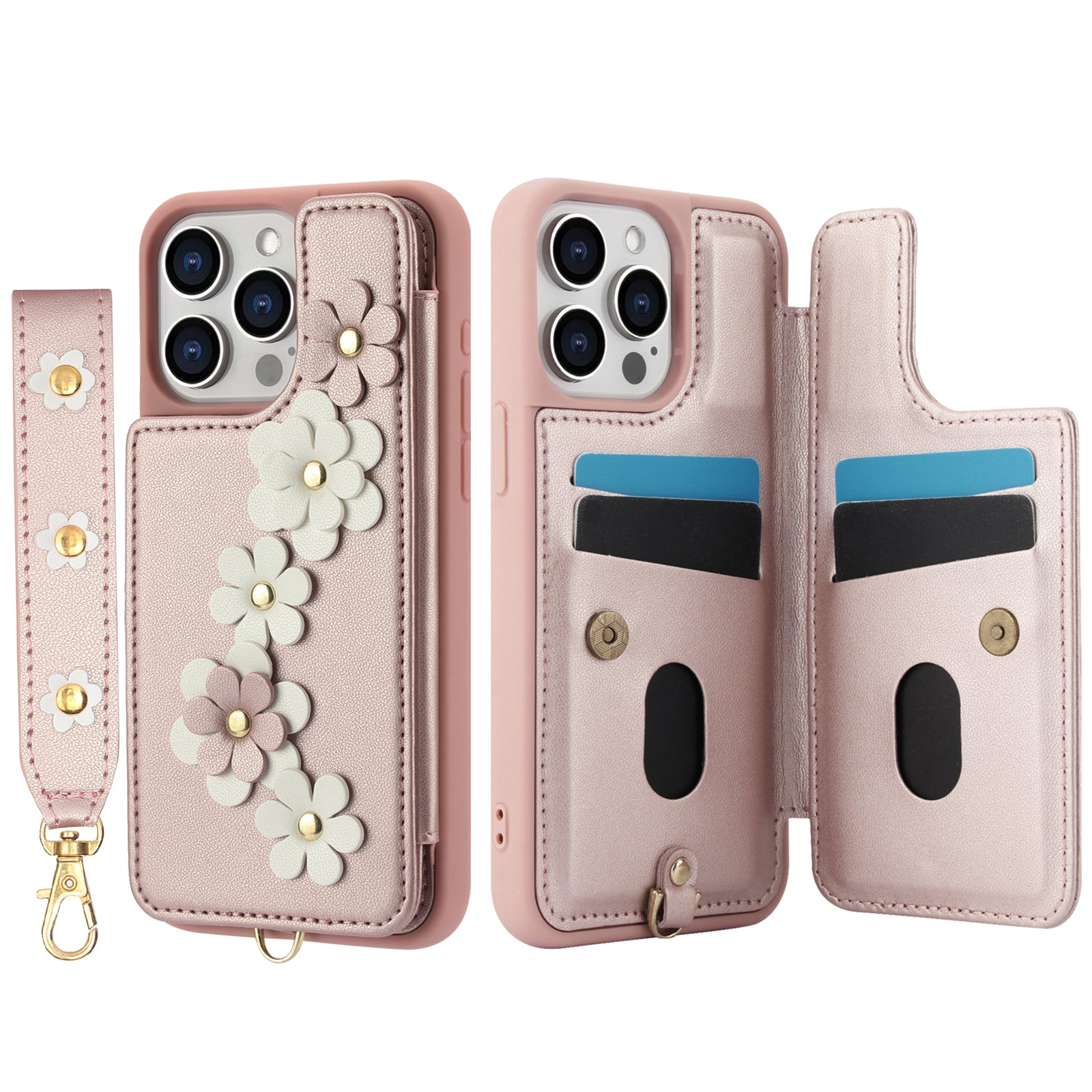 Luxury Crossbody Wallet Leather Phone Case – 3D Flower Design, Card Slot, Wrist Strap, Magnetic Closure, Protective Cover