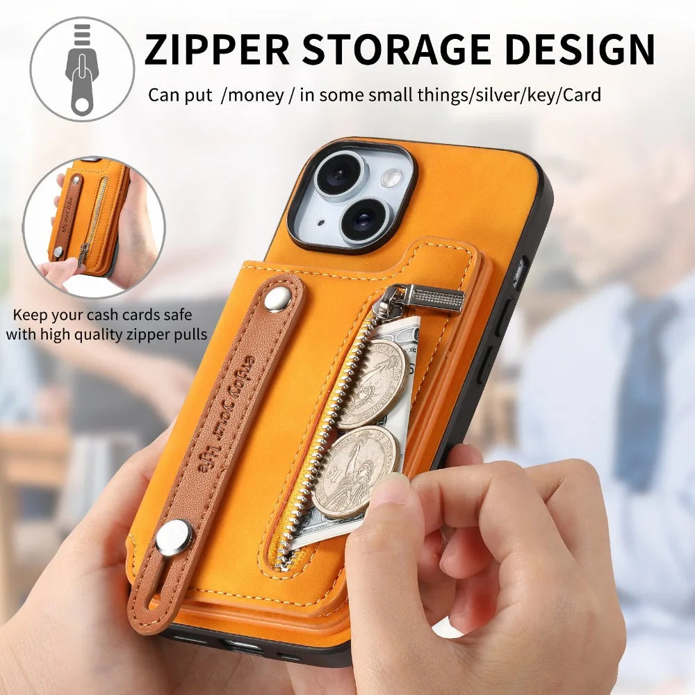 Luxury Detachable Zipper Wallet iPhone Case – Magnetic Flip Cover with Card Slots, Wrist Strap, and Full Protection for Ultimate Convenience