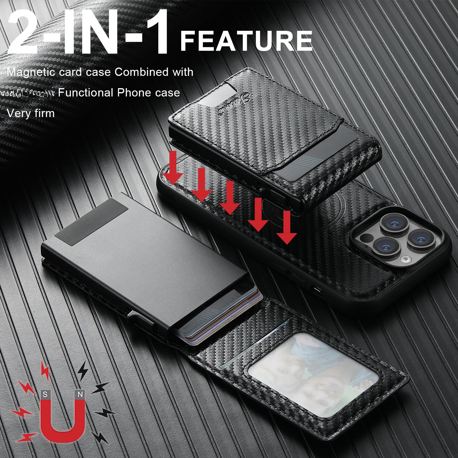 Carbon Fiber Texture Detachable Leather iPhone Case – Magnetic Wallet, Card Holder, Shockproof Protection, Stylish & Durable