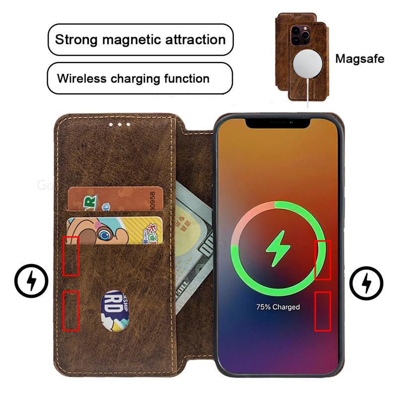 Premium MagSafe Leather Phone Case – Magnetic Flip Cover, Card Wallet Holder, Wireless Charging Compatible, Stylish & Durable Protection