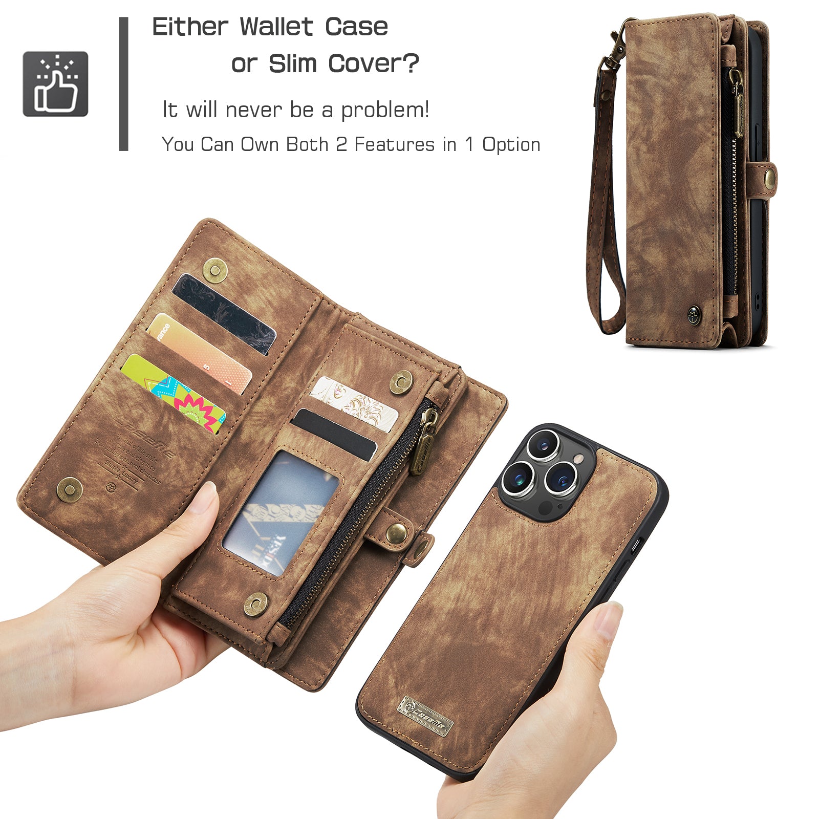 Luxury Detachable Leather Wallet Case – Multi-Function Zipper Flip Cover, Card Holder, Shockproof Protection, Magnetic Closure for iPhone