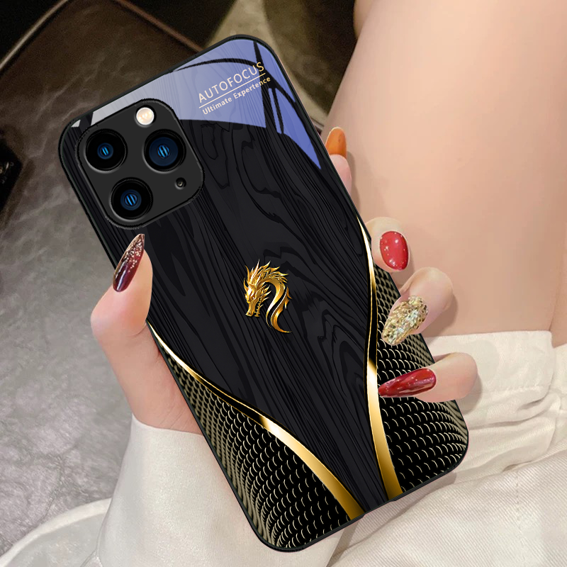 Premium Yellow Dragon Qi Soars to the Sky Tempered Glass Phone Case Stylish Protection iPhone Models Durable Elegant Cover