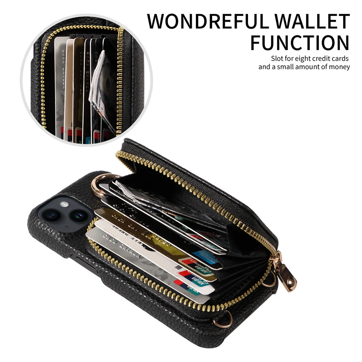 Luxury Zipper Wallet Crossbody Phone Case – Leather Cover with Card Holder, Lanyard Strap, and Full Protection for iPhone Models