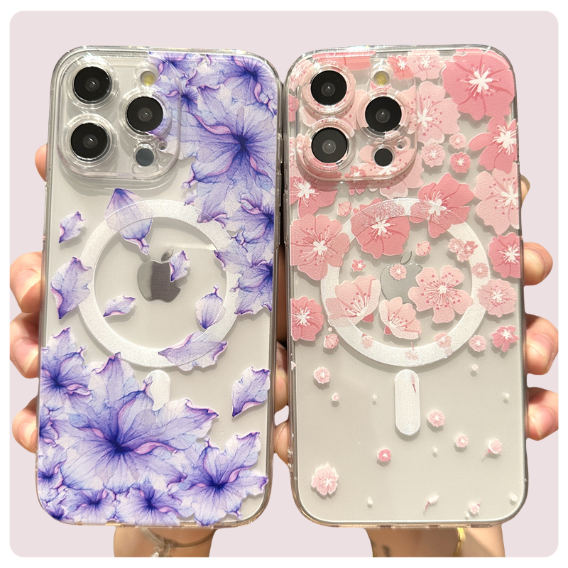 Transparent Floral MagSafe Case - Clear Shockproof Phone Cover with Magnetic Wireless Charging Compatibility Case for iPhone