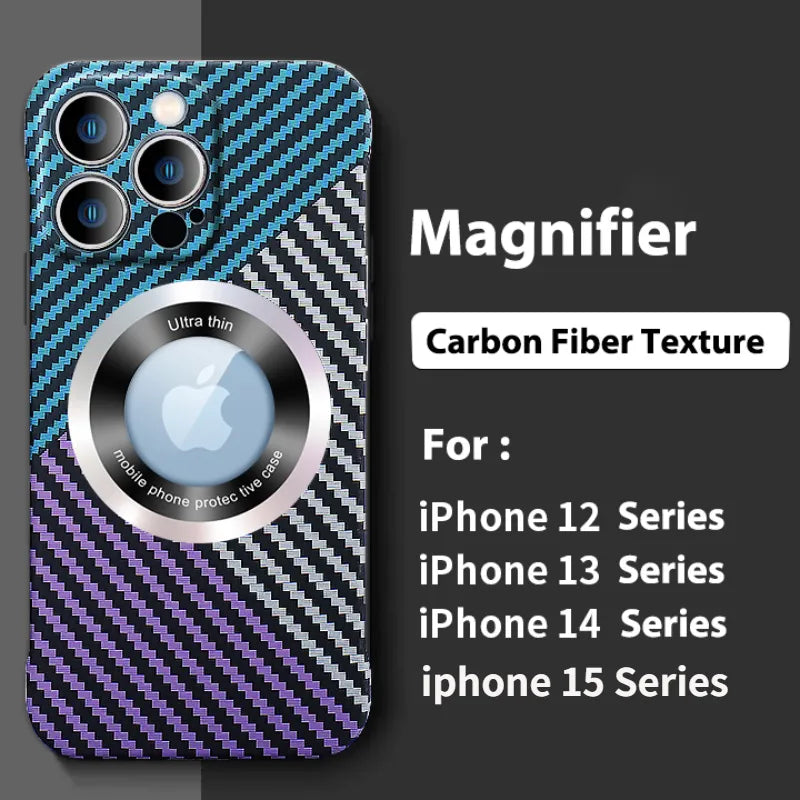 Ultra-Thin Carbon Fiber MagSafe Case – Frameless Matte PC Cover with Logo Hollow and Magnetic Ring for iPhone Models