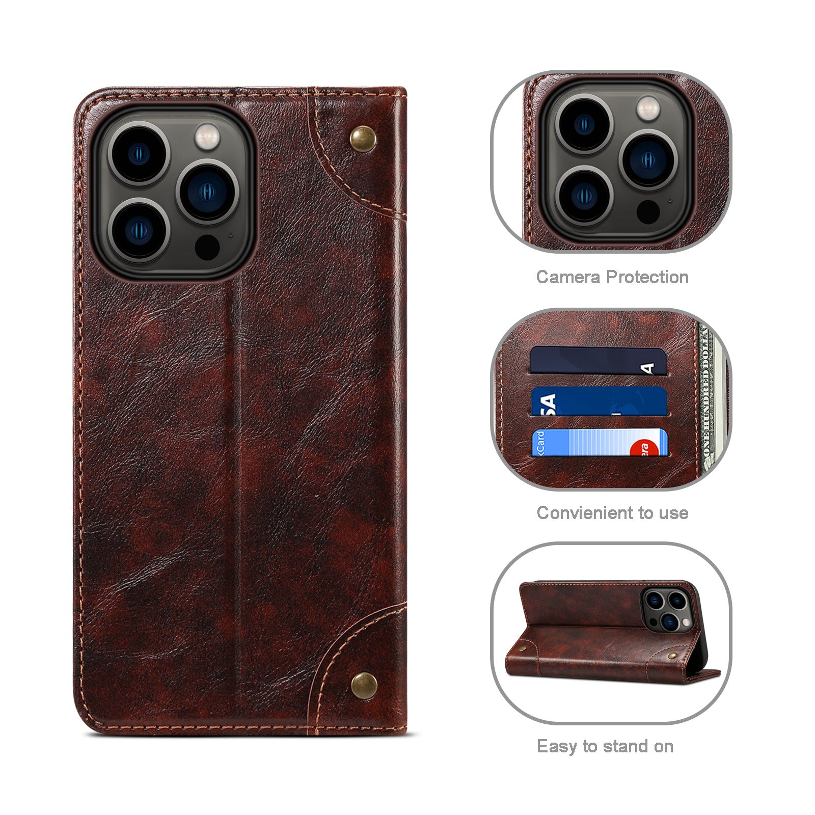 Retro Leather Flip Wallet Case – Magnetic Closure, Card Slots, Shockproof Protection, Elegant Vintage Design, Durable PU Leather Cover for iPhone