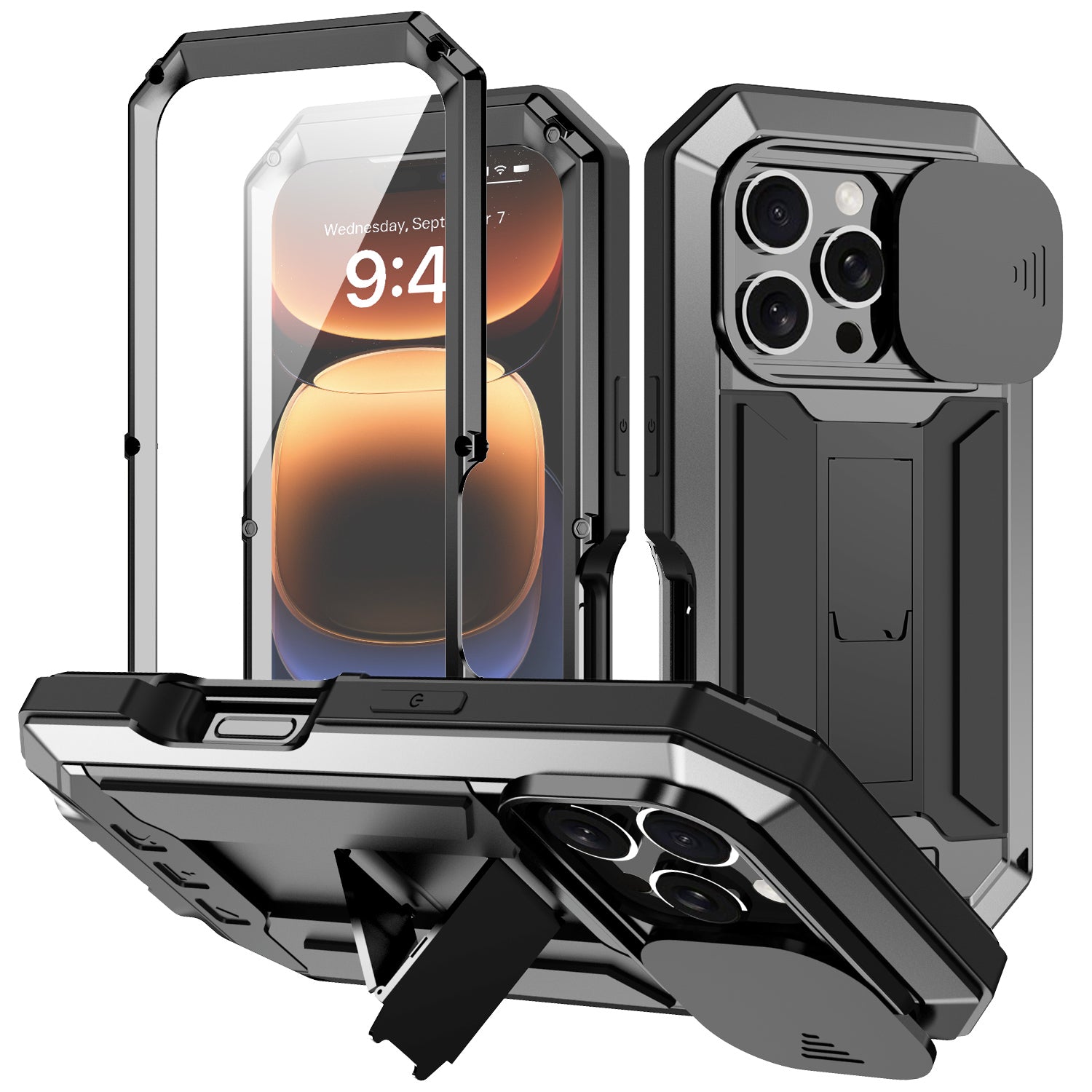 Military Heavy-Duty Metal iPhone Case – Full-Body Hybrid Cover with Slide Camera Protection & Built-in Screen Protector for iPhone Models