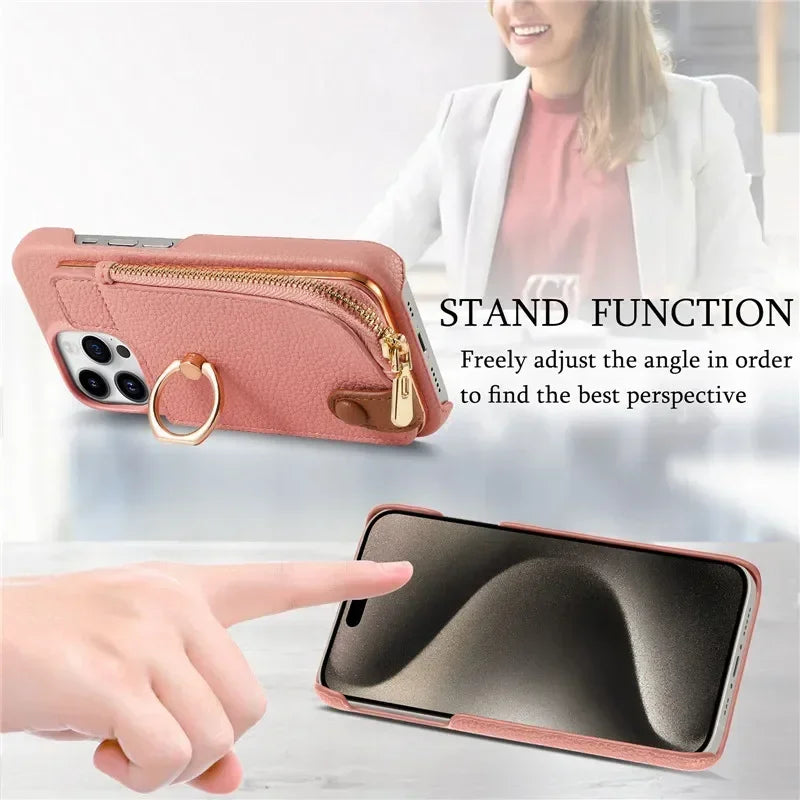 Luxury Leather Zipper Wallet Phone Case – Card Holder, Ring Kickstand, Shockproof Cover for iPhone Models