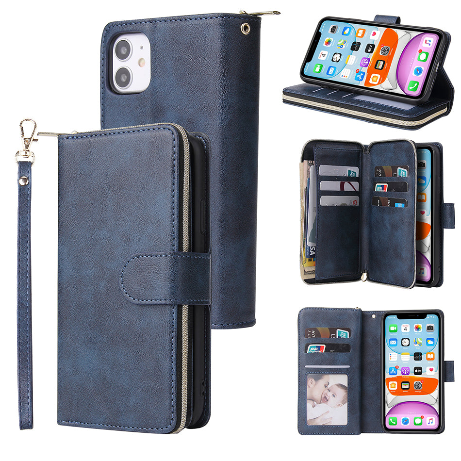 Premium 9 Card Slots Leather Wallet iPhone Case – Durable Zipper Flip Cover, Magnetic Stand, Shockproof Protection, Multi-Card Holder for iPhone