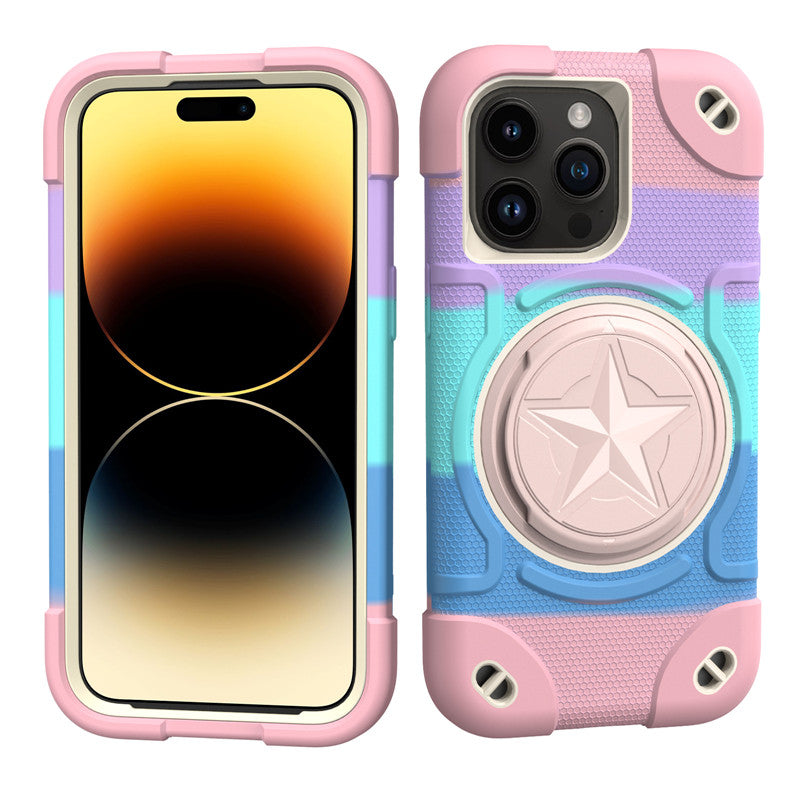 Shield Rotating Ring Rugged Stand Case – Five-Pointed Star Design, Macaron Color Bumper Cover, Durable Protection for iPhone Models