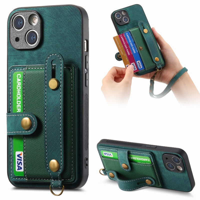 Luxury PU Leather Wallet iPhone Case with Wrist Strap – Stand Function, Card Holder, and Shockproof Protection for Secure and Stylish Convenience