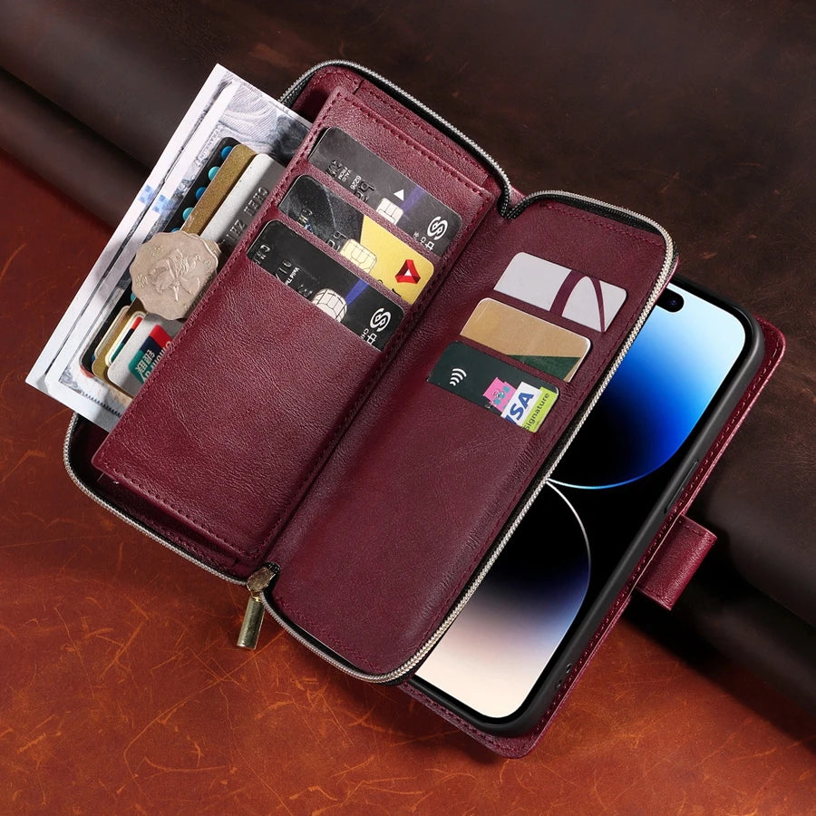 Premium 9 Card Slots Leather Wallet Case – Durable Zipper Flip Cover, Magnetic Stand, Shockproof Protection, Multi-Card Holder for iPhone