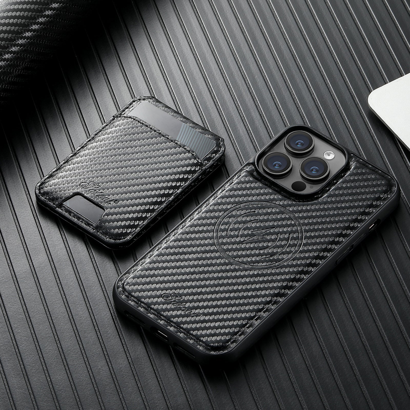 Carbon Fiber Texture Detachable Leather iPhone Case – Magnetic Wallet, Card Holder, Shockproof Protection, Stylish & Durable