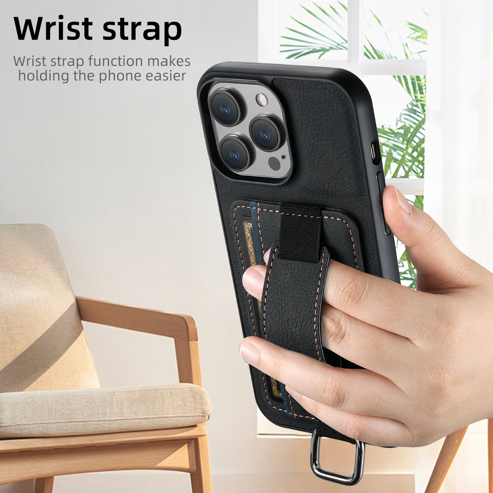 Luxury Lychee Skin Print Wrist Strap Card Holder Phone Case for iPhone - Premium Card Slot, Shockproof Protection,