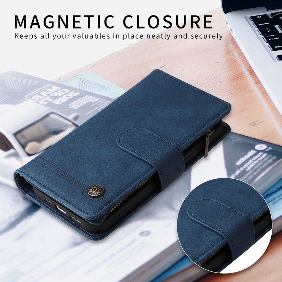 Premium Retro Flip Leather Case – Zipper Wallet, Multi-Card Slots, Necklace Lanyard, Magnetic Closure, Shockproof Protection for iPhone