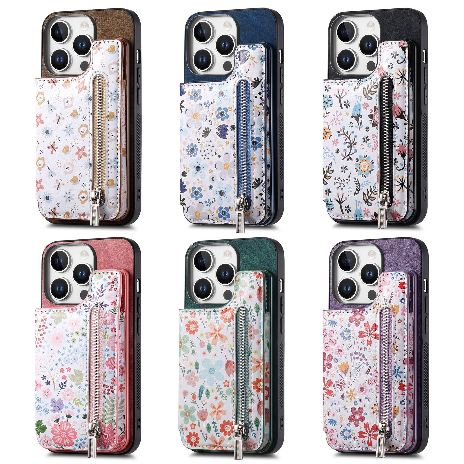 Zipper Card Slot Wallet Case – Magnetic Closure, Purse Pocket, Floral Design, Shockproof Protective Cover for iPhone