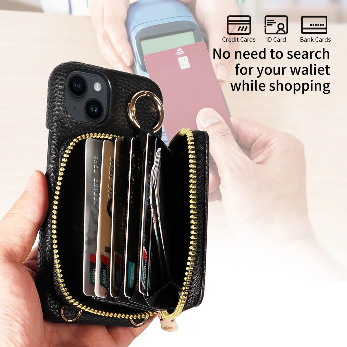 Luxury Zipper Wallet Crossbody iPhone Case – Leather Cover with Card Holder, Lanyard Strap, and Full Protection for iPhone Models