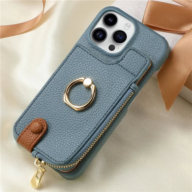 Luxury Leather Zipper Wallet Phone Case – Card Holder, Ring Kickstand, Shockproof Cover for iPhone Models