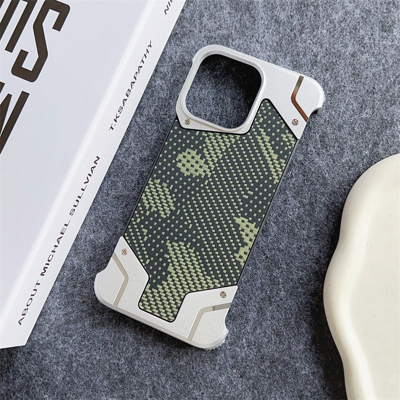 Camouflage Metal Armor Case Frameless Real Carbon Fiber Cover with Built-In Magnet for iPhone Models, Durable and  Protection