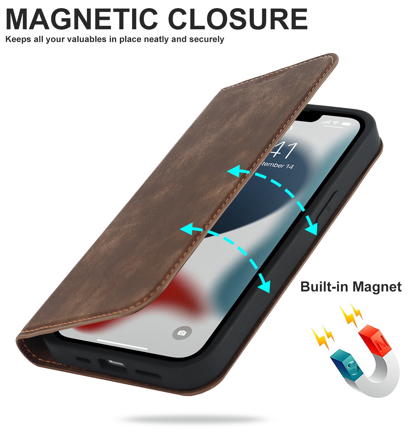 Luxury Magnetic Leather Wallet Case – MagSafe Wireless Charging, Card Slot, Stand Feature, Premium Protection, Stylish & Durable Cover